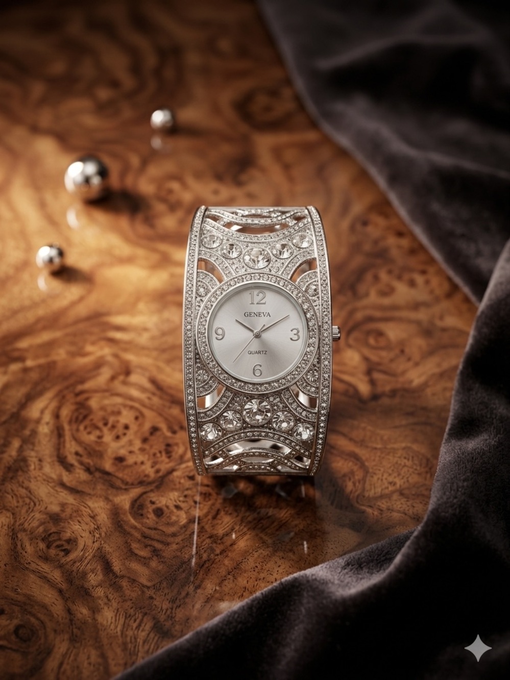 Geneva Y2K Silver Crystal Cuff VTG Inspired Watch with Rhinestone Accents